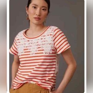 Maeve Anthropologie Lace Trimed Striped Tee In Small